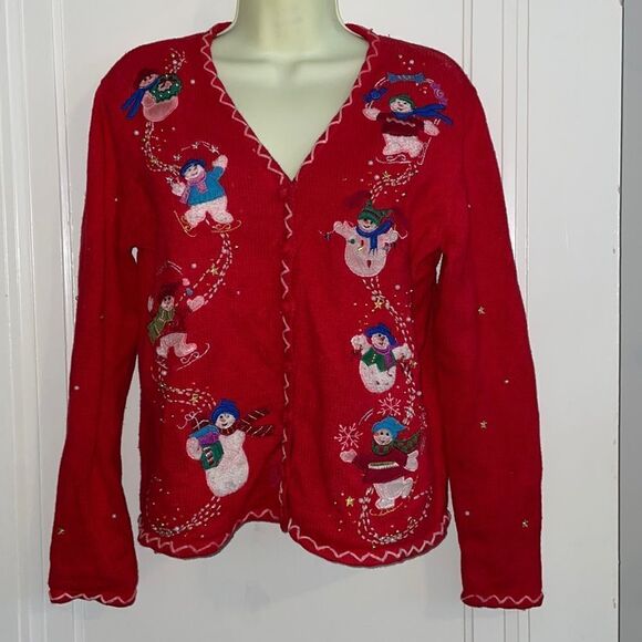 Vtg Hampshire Studio Snow red button up Christmas sweater with snowmen - Picture 1 of 10